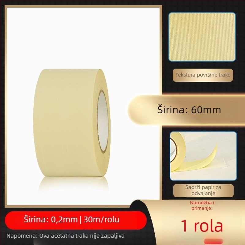 Bijela ljepljiva traka od octene kiseline za visoke temperature, izolacija za LCD popravak, s papirnim listom za otpuštanje; debljina 0.2 mm; otpornost na temperaturu: dugotrajna 100°C, kratkotrajna 180°C; osnova: acetatno platno; jezgra: papirnata cijev; 