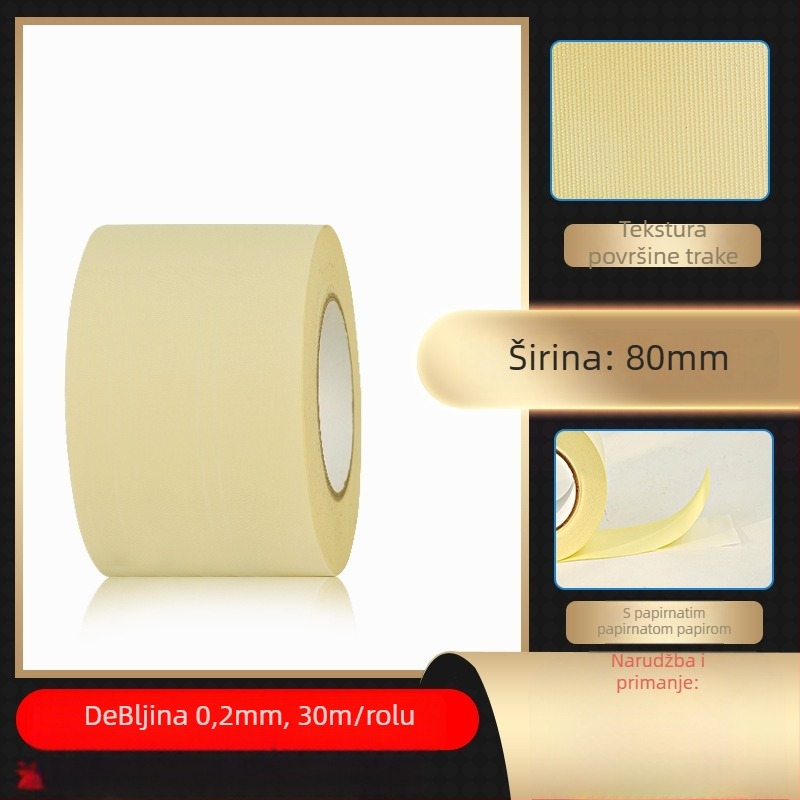 Bijela ljepljiva traka od octene kiseline za visoke temperature, izolacija za LCD popravak, s papirnim listom za otpuštanje; debljina 0.2 mm; otpornost na temperaturu: dugotrajna 100°C, kratkotrajna 180°C; osnova: acetatno platno; jezgra: papirnata cijev; 