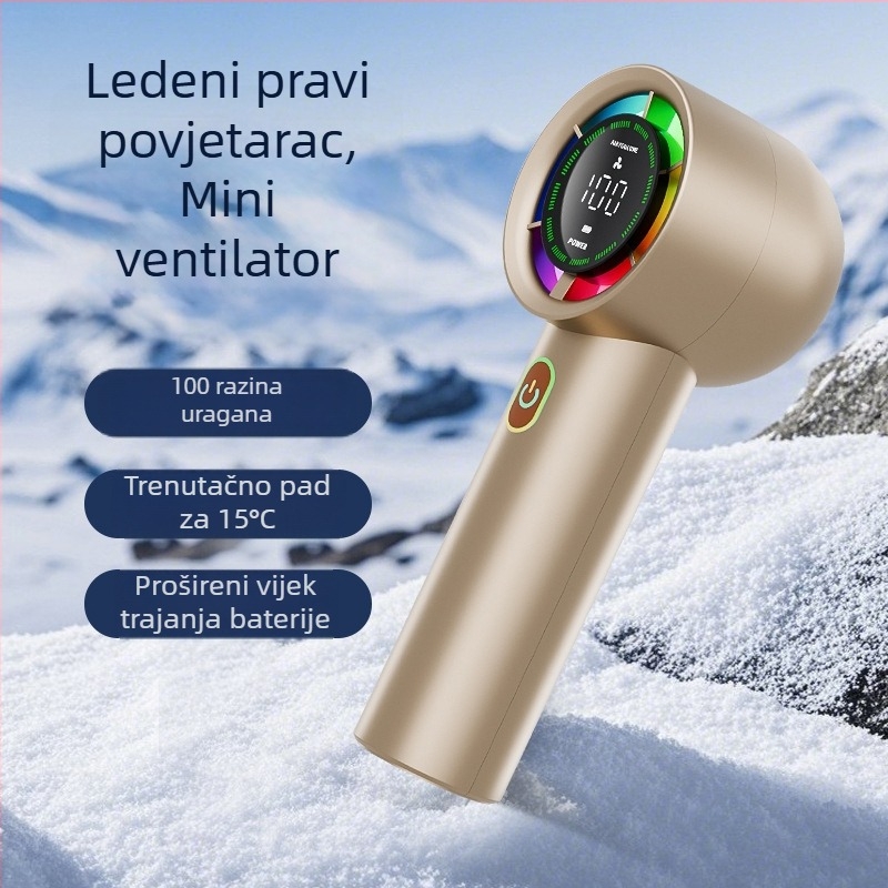 Ručni ventilator s ugrađenom baterijom (2000-4000 mAh), USB punjenje, 5V 5W, 6 brzina, buka <36 dB