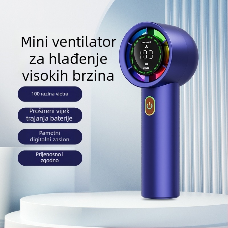 Ručni ventilator s ugrađenom baterijom (2000-4000 mAh), USB punjenje, 5V 5W, 6 brzina, buka <36 dB