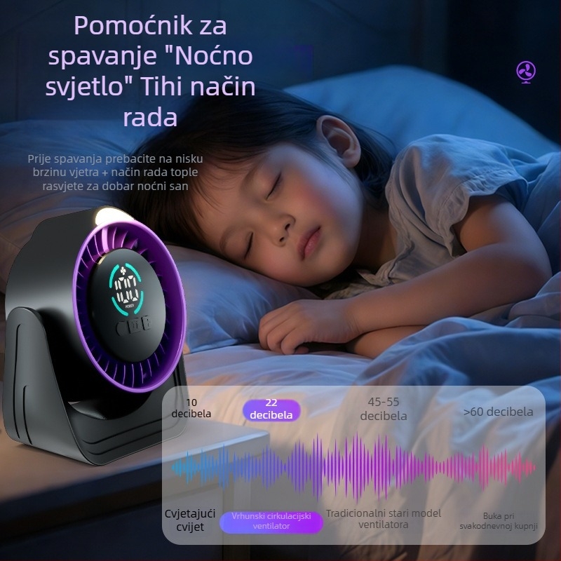Stolni USB ventilator s digitalnim zaslonom, punjiv, tih, podesiva brzina zraka, 6 lopatica, kompaktan