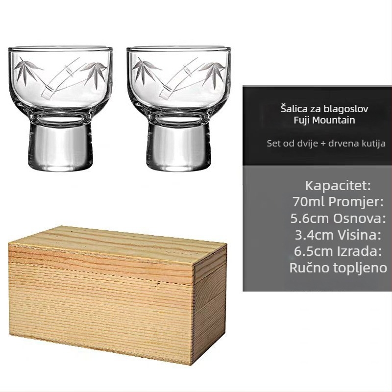 Sake čaša od stakla, ručno rezana, japanskog stila, dizajn Liu Zongli; kapacitet 1–100 ml, staklano tijelo, drvena kutija.