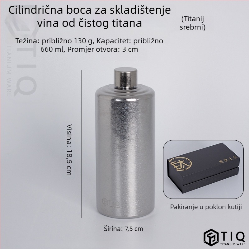 Titanijska bočica za vino – velika kapaciteta, cilindričnog oblika, zatvorena, prenosiva za vanjsku i kućnu upotrebu