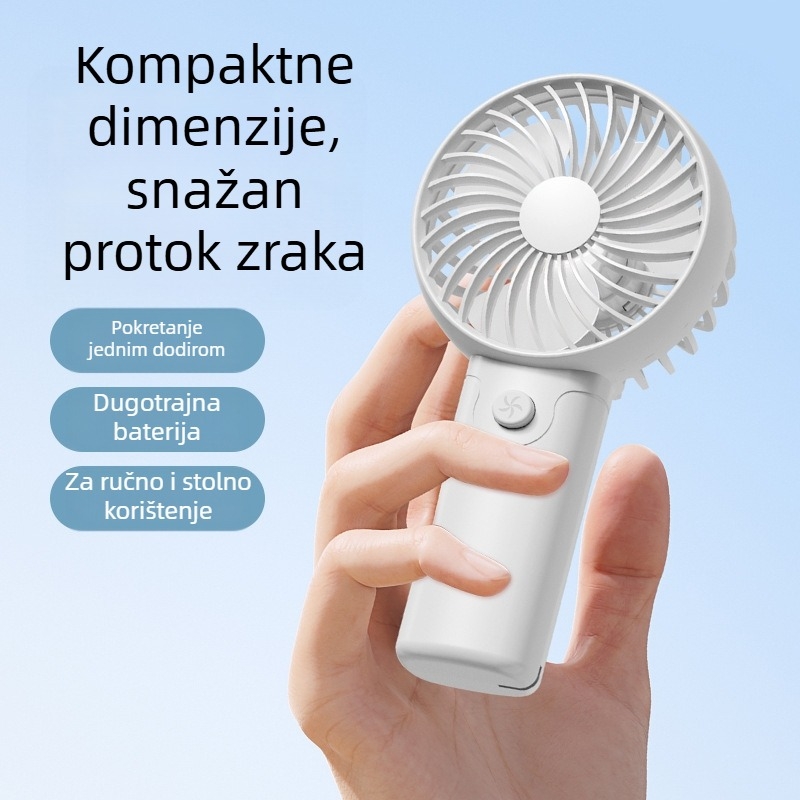 Ručni prijenosni mini ventilator s izmjenjivom baterijom 2000–4000 mAh, motor sa četkicama, 3 lopatice, USB napajanje, buka do 36 dB