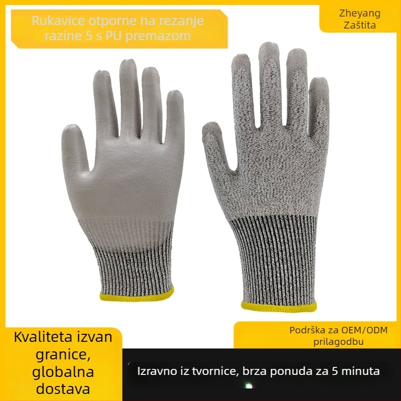Rukavice otporne na rez s HPPE i PU premazom, razina 5, otporne na habanje, za građevinarstvo i obradu stakla