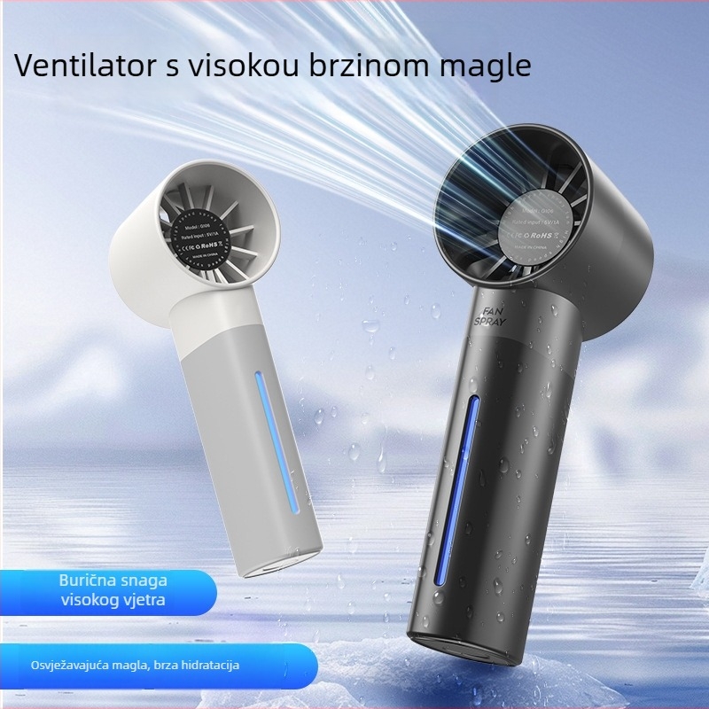 Ručni USB punjivi ventilator s raspršivačem, brushless motor, 5 lopatica, 5 brzina, ugrađena baterija 1000–1200mAh, za vanjsku upotrebu