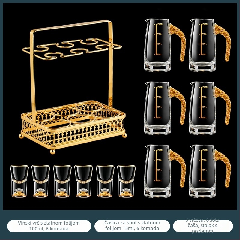 Set čašica za shot s uzorkom folije, kristalno staklo, svijetao luksuzni retro stil, 6–10 kom, Bangbeibei WWWS-4, s držačem za čaše