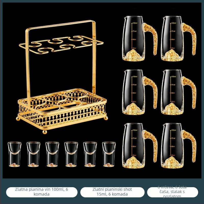 Set čašica za shot s uzorkom folije, kristalno staklo, svijetao luksuzni retro stil, 6–10 kom, Bangbeibei WWWS-4, s držačem za čaše