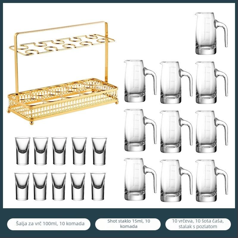Set čašica za shot s uzorkom folije, kristalno staklo, svijetao luksuzni retro stil, 6–10 kom, Bangbeibei WWWS-4, s držačem za čaše