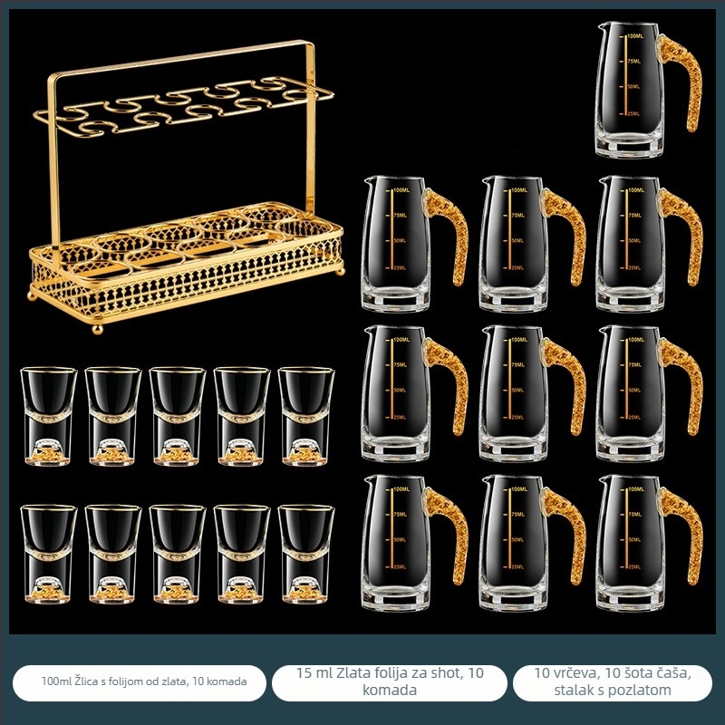 Set čašica za shot s uzorkom folije, kristalno staklo, svijetao luksuzni retro stil, 6–10 kom, Bangbeibei WWWS-4, s držačem za čaše