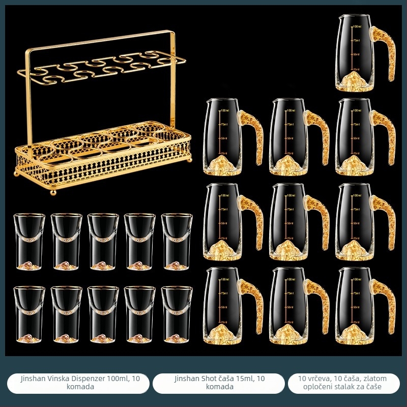 Set čašica za shot s uzorkom folije, kristalno staklo, svijetao luksuzni retro stil, 6–10 kom, Bangbeibei WWWS-4, s držačem za čaše