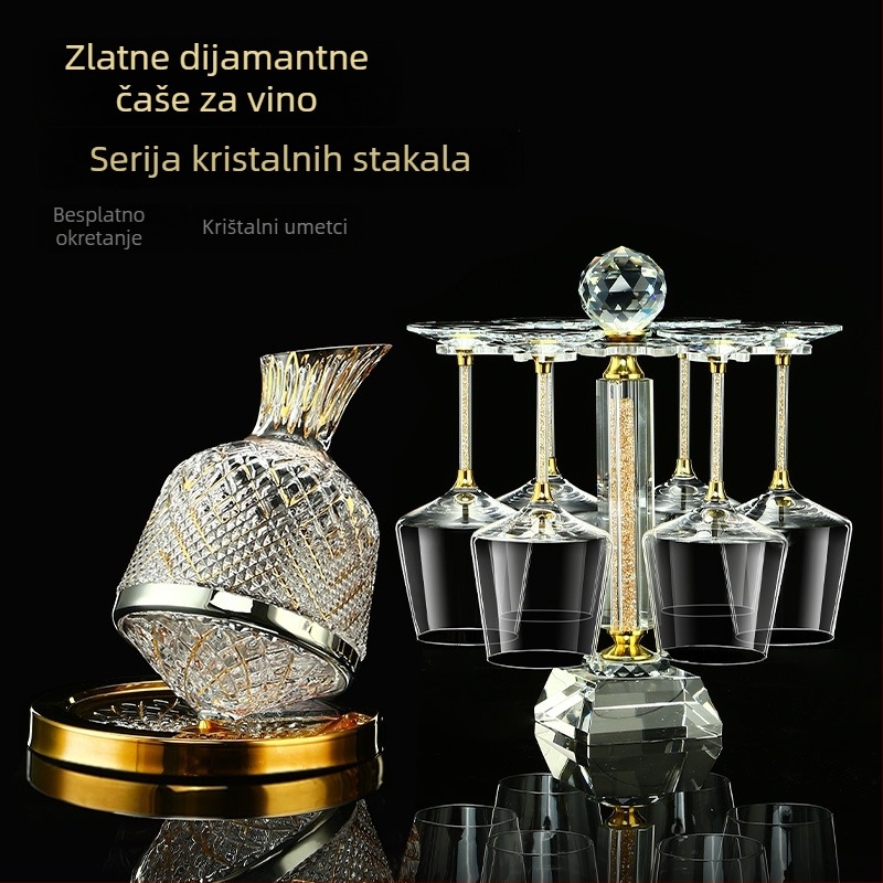 Kristalne čaše za vino – set s poklopcem, zlatno-dijamantni uzorak, visokim stalkom, kapacitet 201–300 ml, lagani luksuzni stil, set 6–10 kom