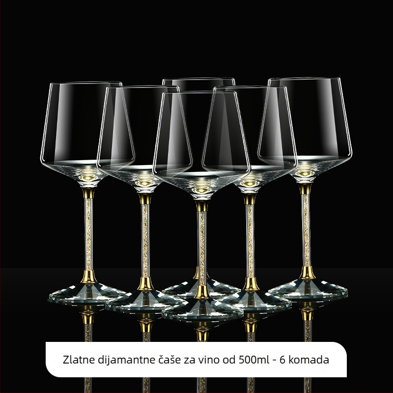 Kristalne čaše za vino – set s poklopcem, zlatno-dijamantni uzorak, visokim stalkom, kapacitet 201–300 ml, lagani luksuzni stil, set 6–10 kom
