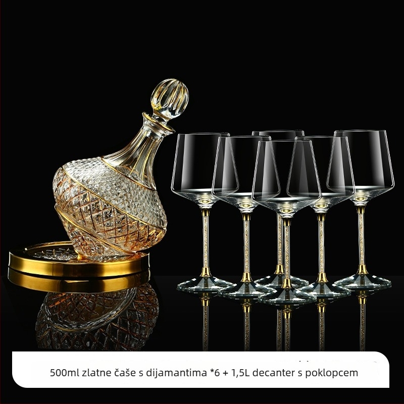 Kristalne čaše za vino – set s poklopcem, zlatno-dijamantni uzorak, visokim stalkom, kapacitet 201–300 ml, lagani luksuzni stil, set 6–10 kom