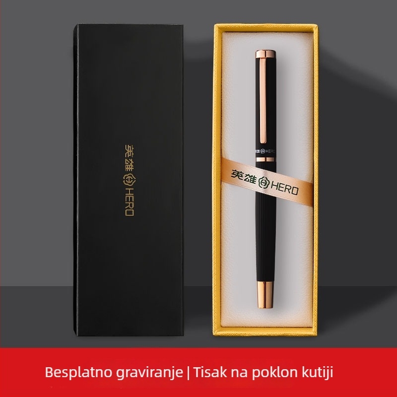 Hero nalivpero, metalno kućište, 0,38 mm iridijeva vrh, sustav guranja i povlačenja tinte, poklon kutija