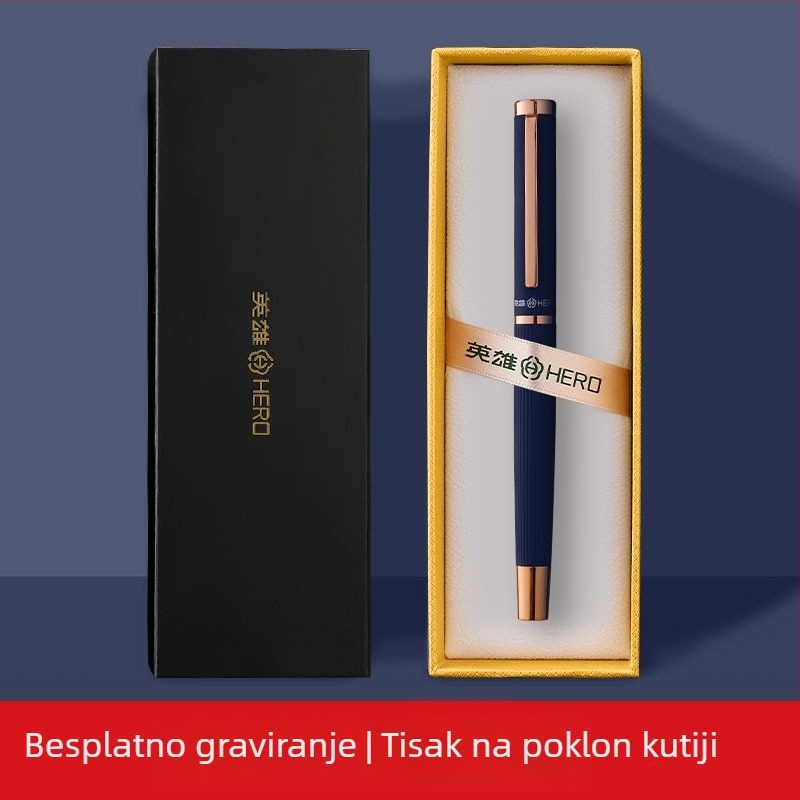 Hero nalivpero, metalno kućište, 0,38 mm iridijeva vrh, sustav guranja i povlačenja tinte, poklon kutija
