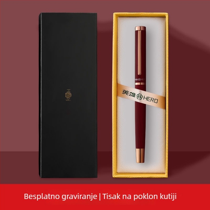 Hero nalivpero, metalno kućište, 0,38 mm iridijeva vrh, sustav guranja i povlačenja tinte, poklon kutija