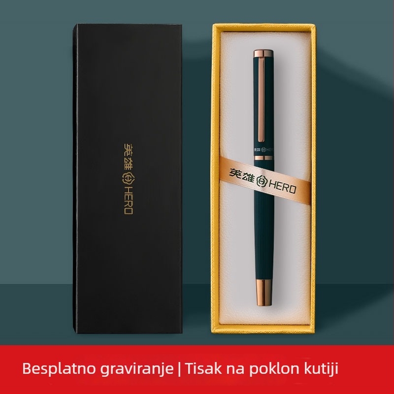 Hero nalivpero, metalno kućište, 0,38 mm iridijeva vrh, sustav guranja i povlačenja tinte, poklon kutija