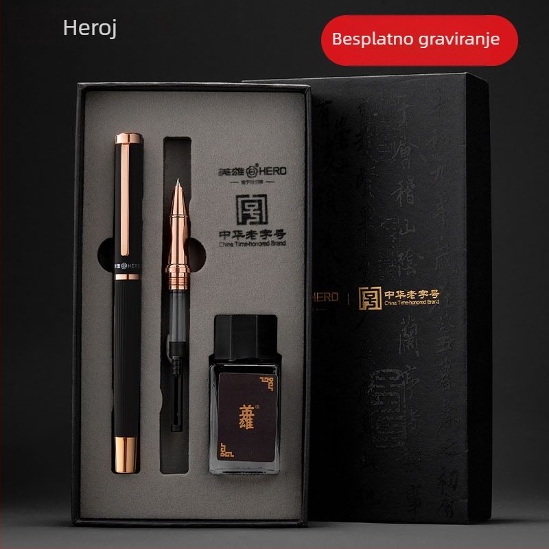 Hero nalivpero, metalno kućište, 0,38 mm iridijeva vrh, sustav guranja i povlačenja tinte, poklon kutija