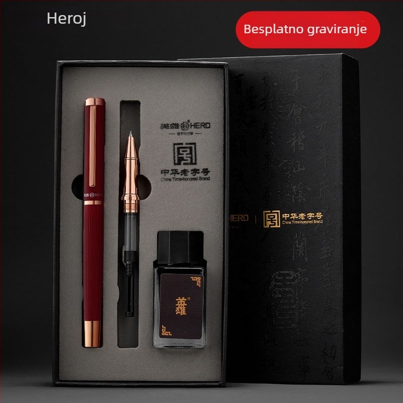 Hero nalivpero, metalno kućište, 0,38 mm iridijeva vrh, sustav guranja i povlačenja tinte, poklon kutija