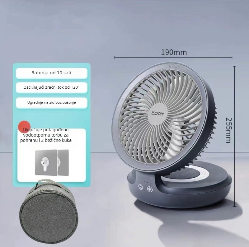 Eden bežični zidni ventilator s USB punjenjem, kompaktni sklopivi model s ugrađenom baterijom, brushless motor, 3 brzine, daljinsko upravljanje