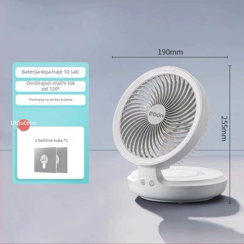 Eden bežični zidni ventilator s USB punjenjem, kompaktni sklopivi model s ugrađenom baterijom, brushless motor, 3 brzine, daljinsko upravljanje