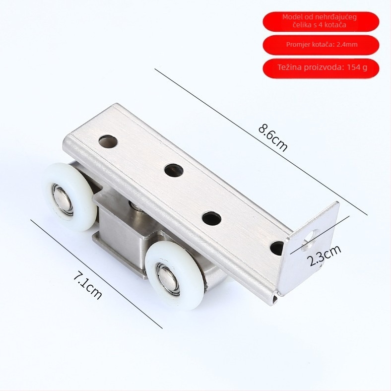 Ležaj/rolna za unutarnja klizna vrata, materijal: nehrđajući čelik / cinkov legura; vanjski promjer 22 mm; promjer osovine 20 mm; nosivost 10 kg po kolutu; radijus žljeba za konop 10.5 mm; verzije 4/6/8/12 koluta