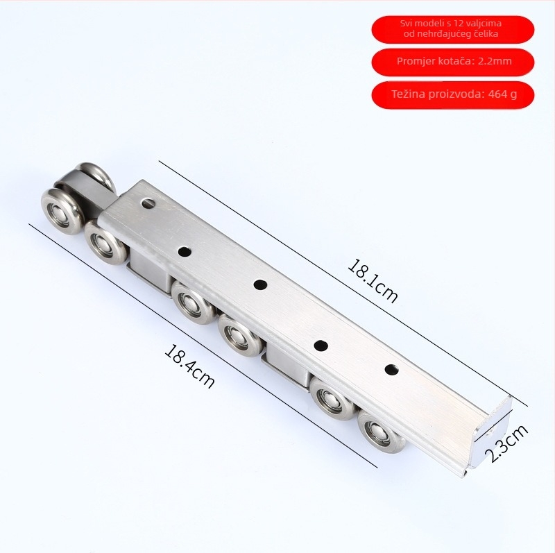 Ležaj/rolna za unutarnja klizna vrata, materijal: nehrđajući čelik / cinkov legura; vanjski promjer 22 mm; promjer osovine 20 mm; nosivost 10 kg po kolutu; radijus žljeba za konop 10.5 mm; verzije 4/6/8/12 koluta