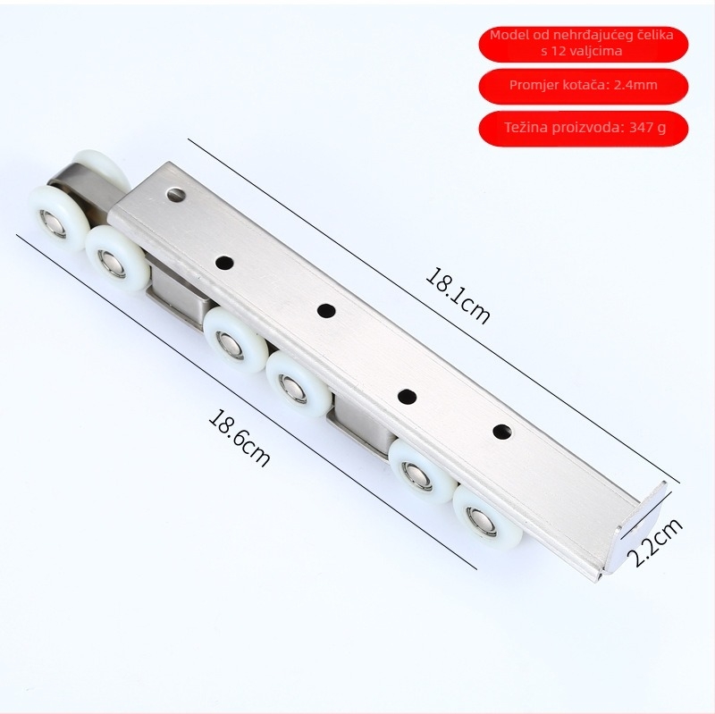 Ležaj/rolna za unutarnja klizna vrata, materijal: nehrđajući čelik / cinkov legura; vanjski promjer 22 mm; promjer osovine 20 mm; nosivost 10 kg po kolutu; radijus žljeba za konop 10.5 mm; verzije 4/6/8/12 koluta
