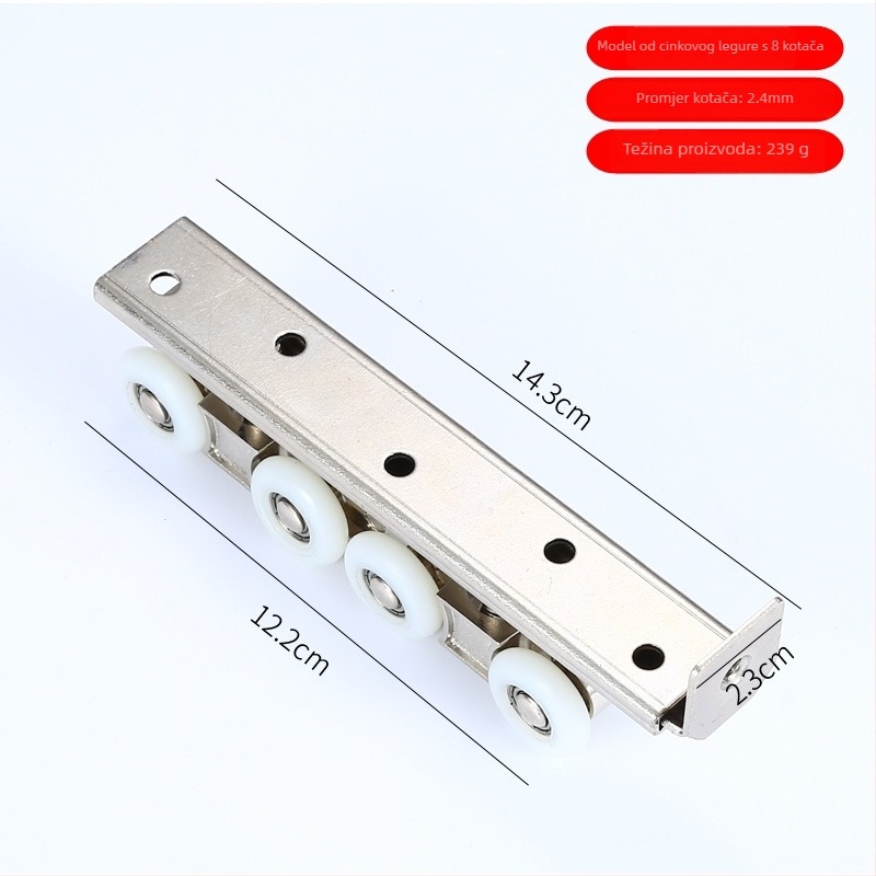 Ležaj/rolna za unutarnja klizna vrata, materijal: nehrđajući čelik / cinkov legura; vanjski promjer 22 mm; promjer osovine 20 mm; nosivost 10 kg po kolutu; radijus žljeba za konop 10.5 mm; verzije 4/6/8/12 koluta