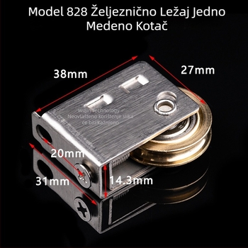 Rola za klizna vrata – donja rola, tip 828, nehrđajući čelik, vanjski promjer 28 mm, promjer osovine 14,4 mm, nosivost 50 kg, za aluminijske vrata i prozore