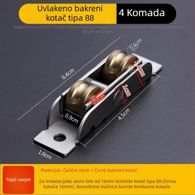 Klizna vrata klizač s tijelom od nehrđajućeg čelika i bakrenim kolutom, debljina stijenke 1,8 mm, model Plastic steel door and window pulleys