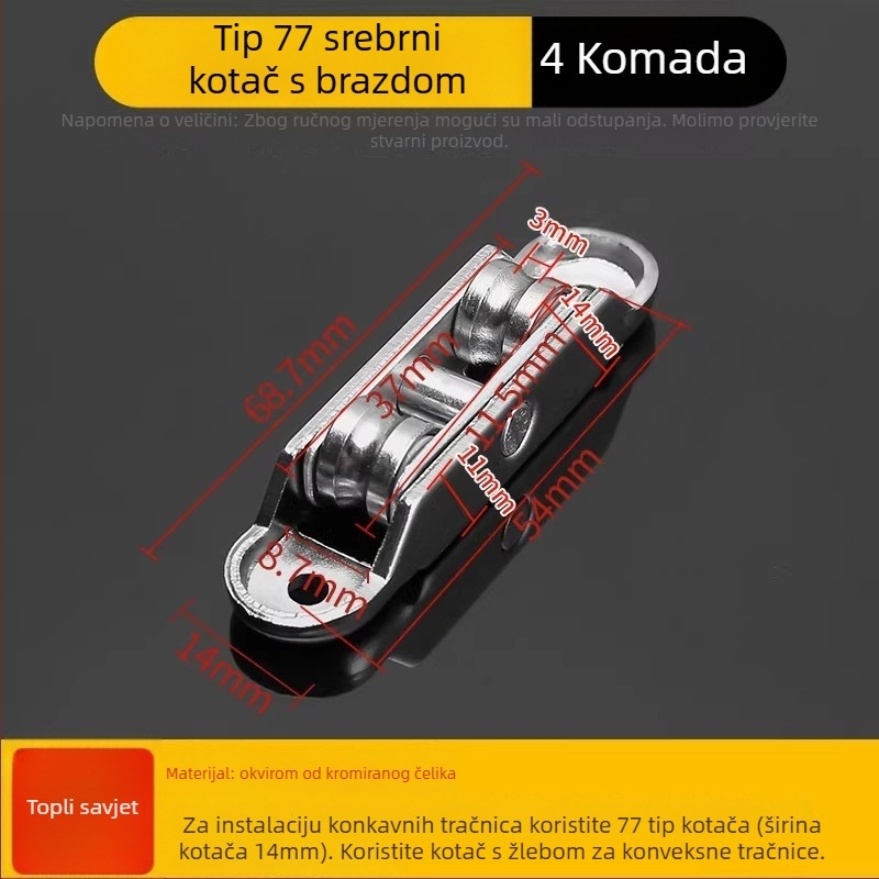 Klizna vrata klizač s tijelom od nehrđajućeg čelika i bakrenim kolutom, debljina stijenke 1,8 mm, model Plastic steel door and window pulleys