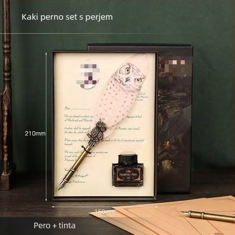 Set pera s paunovim perom, vrh od legure, model SW-914, držač za pero, poklon kutija