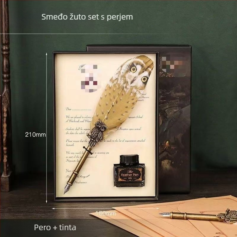 Set pera s paunovim perom, vrh od legure, model SW-914, držač za pero, poklon kutija