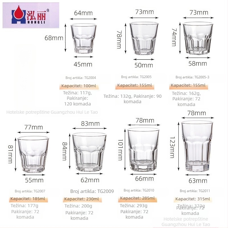 Oktagonalna staklena čaša za restoran, minimalistički stil, set 10+ komada