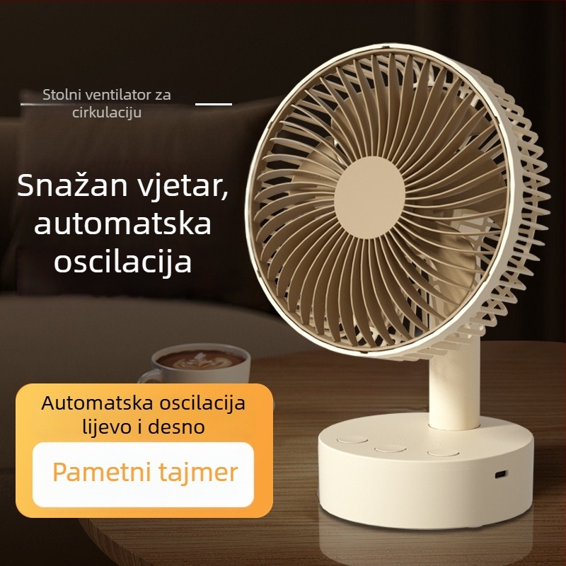 USB stolni ventilator s 4 brzine, bezkartični motor, ugrađena baterija 1200-2000mAh, niski šum ispod 36 dB, pogodan za 5–30 m²
