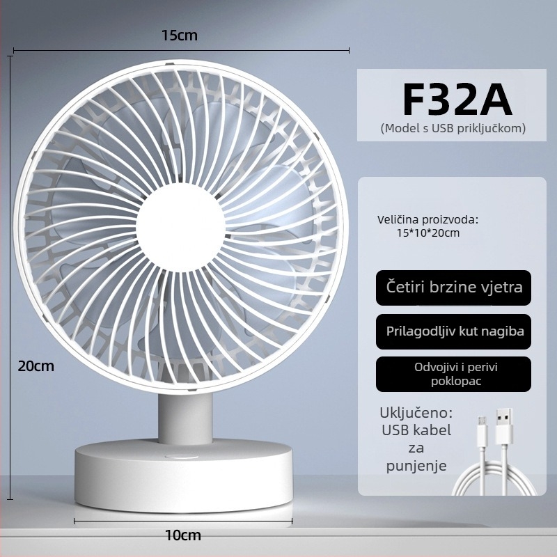 USB stolni ventilator s 4 brzine, bezkartični motor, ugrađena baterija 1200-2000mAh, niski šum ispod 36 dB, pogodan za 5–30 m²