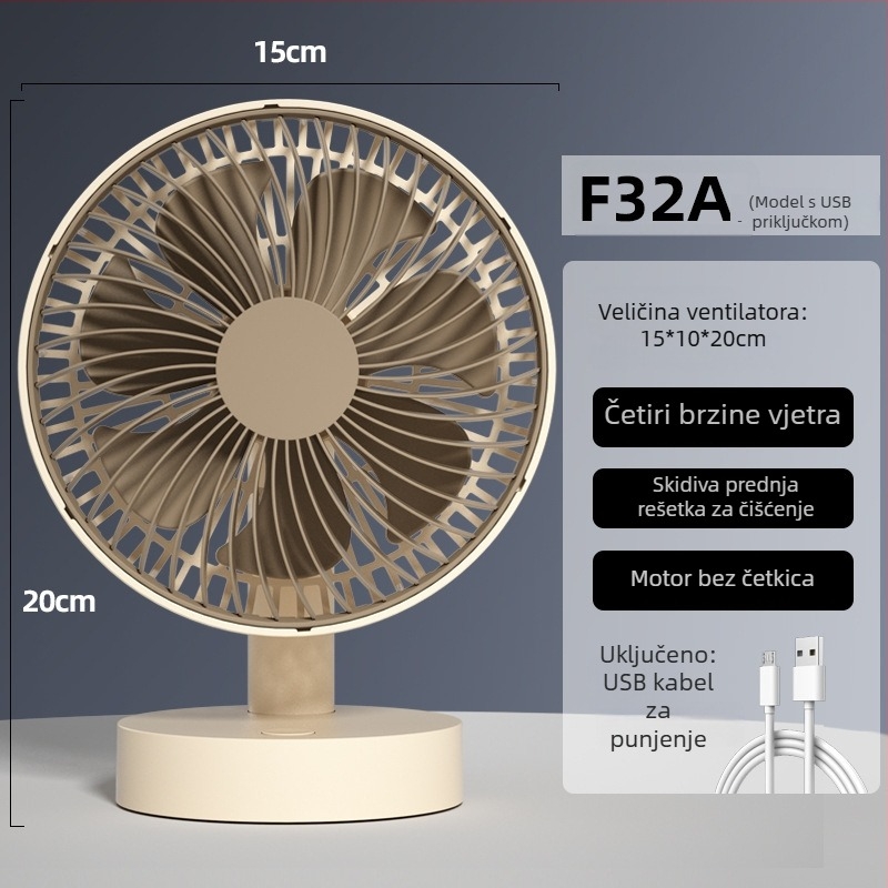 USB stolni ventilator s 4 brzine, bezkartični motor, ugrađena baterija 1200-2000mAh, niski šum ispod 36 dB, pogodan za 5–30 m²
