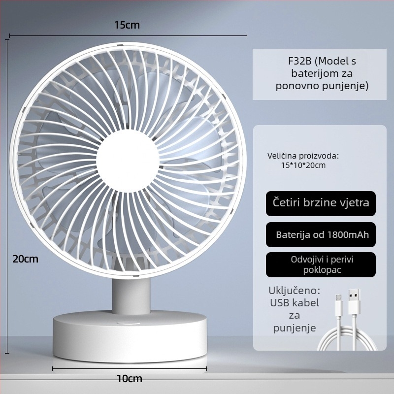 USB stolni ventilator s 4 brzine, bezkartični motor, ugrađena baterija 1200-2000mAh, niski šum ispod 36 dB, pogodan za 5–30 m²