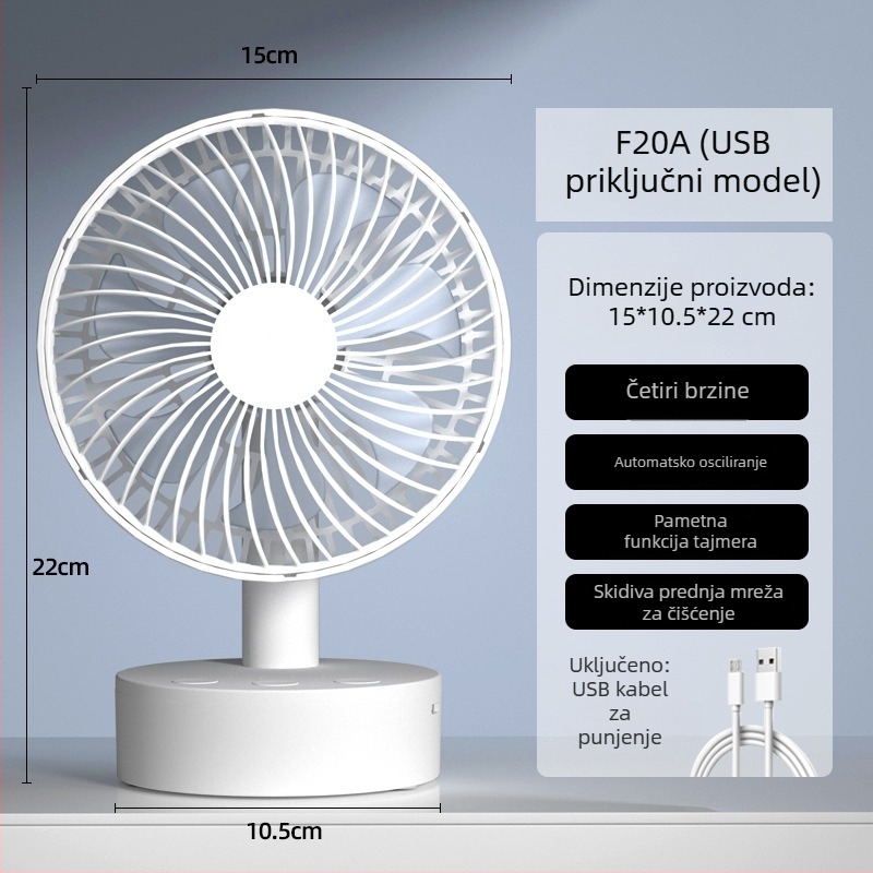 USB stolni ventilator s 4 brzine, bezkartični motor, ugrađena baterija 1200-2000mAh, niski šum ispod 36 dB, pogodan za 5–30 m²