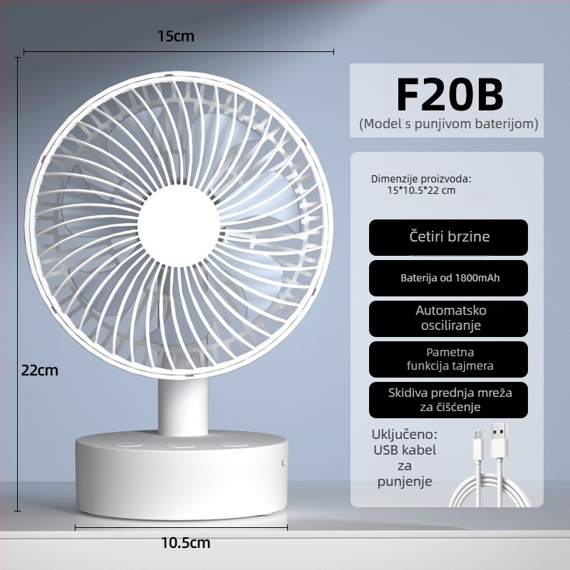 USB stolni ventilator s 4 brzine, bezkartični motor, ugrađena baterija 1200-2000mAh, niski šum ispod 36 dB, pogodan za 5–30 m²