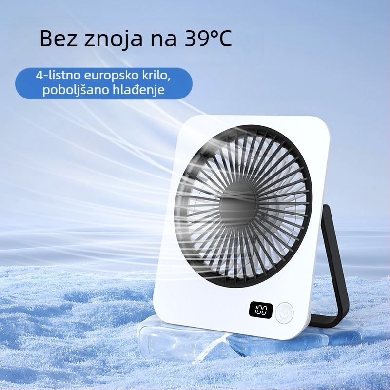 USB stolni ventilator, 4 lopatice, 5 brzina, tih (<36 dB), ugrađena baterija 1000–1200 mAh