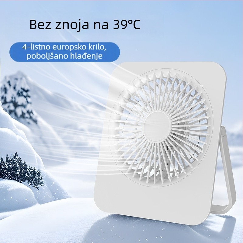 USB stolni ventilator, 4 lopatice, 5 brzina, tih (<36 dB), ugrađena baterija 1000–1200 mAh