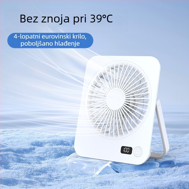 USB stolni ventilator, 4 lopatice, 5 brzina, tih (<36 dB), ugrađena baterija 1000–1200 mAh