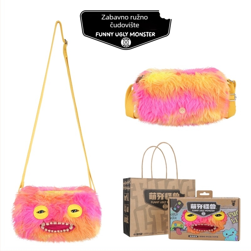 Fuggler pliš torbica preko ramena – slatko zubasto čudovište, crtani dizajn, kratki pliš, materijal: poliester, punilo: PP pamuk, 14+