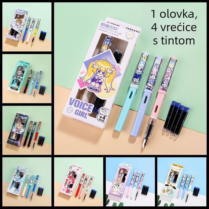 Pero s izmjenjivim vrećicama tinte; uključuje 4 vrećice; za učenike; tinta kristalno plava i neutralno crna