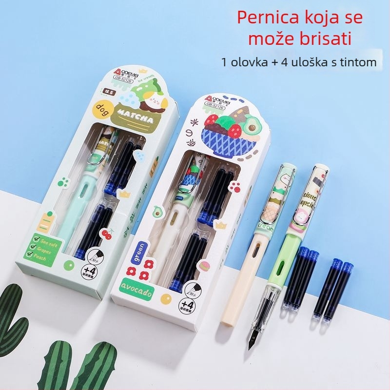 Pero s izmjenjivim vrećicama tinte; uključuje 4 vrećice; za učenike; tinta kristalno plava i neutralno crna