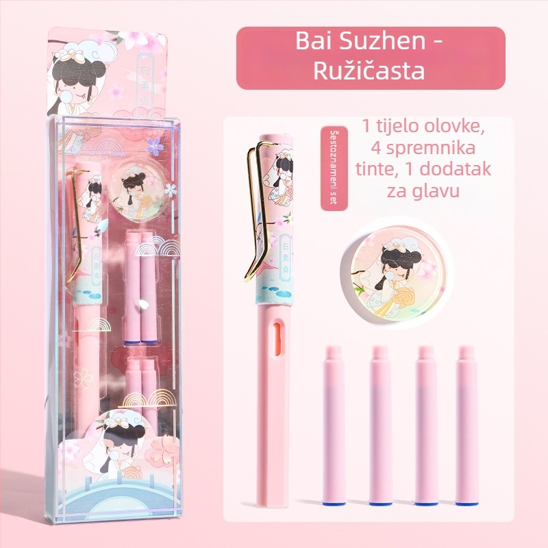 Set nalivpera s tradicionalnim kineskim stilom za učenike osnovne škole, za kaligrafiju, s ink sac sustavom, EF vrh od nehrđajućeg čelika, plastično kućište, poklon kutija