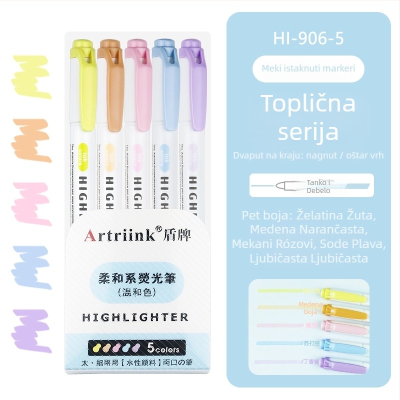 Dvostrani fluorescencijski marker za učenike, marker za planiranje i isticanje, visoka vidljivost, ne prolazi kroz papir, model 906-5, Shield